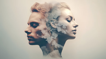 Portrait of a beautiful young woman with white smoke on her faceの素材