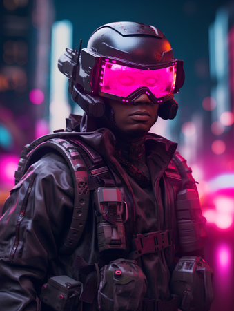 Portrait of a futuristic african american man wearing virtual reality gogglesの素材