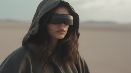 Young woman in hooded cloak in the middle of the desert.の素材