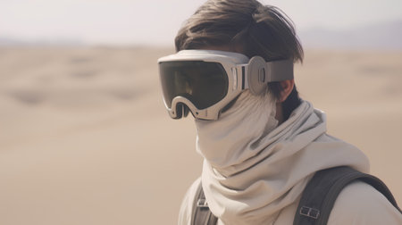 Young man wearing virtual reality goggles in the middle of the desert.の素材