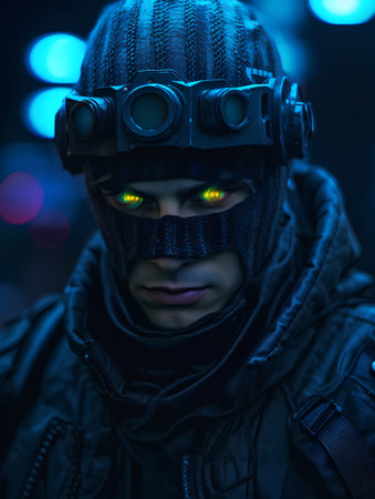 Portrait of a man in a gas mask. Cyberpunk style.の素材