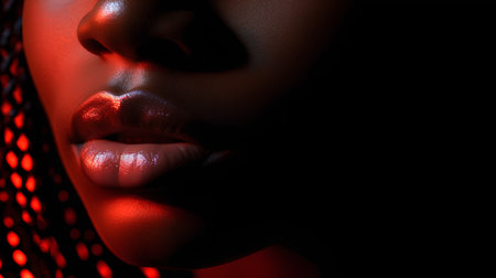 Beautiful black woman with red lips. Closeup portrait of sensual female lips.の素材