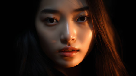 Portrait of a beautiful asian girl with long hair in the darkの素材