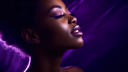 Beautiful african american woman with creative makeup on purple backgroundの素材