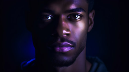 Portrait of a young african american man in neon lightの素材