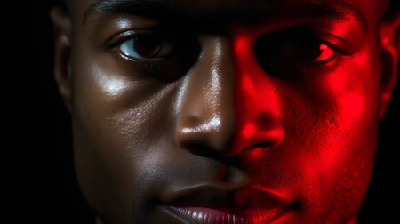 Close-up portrait of young african american man with red light on faceの素材