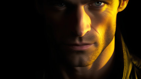 Close-up portrait of a handsome young man on a black backgroundの素材