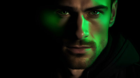 Portrait of a young man with green light on his face.の素材