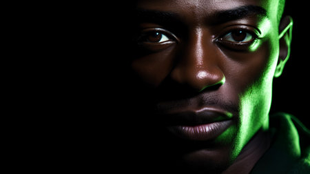 Close-up portrait of a black man with green eyes on black backgroundの素材