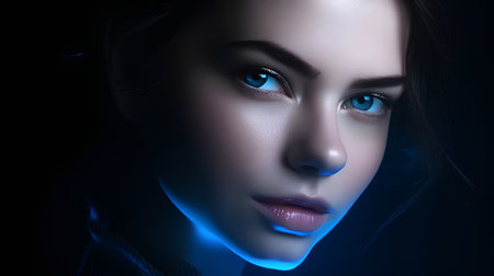 Portrait of a beautiful girl with blue eyes. Blue light.の素材