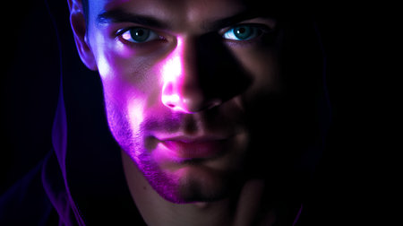 Close-up portrait of a young man with blue eyes on a black backgroundの素材