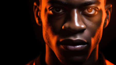 Close-up portrait of african american man in red lightの素材