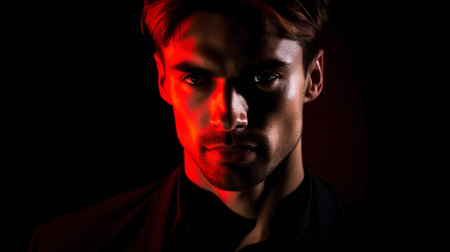 Portrait of a handsome young man in red light. Studio shot.の素材