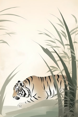 Tiger in jungle background with bamboo. Vector illustration. Eps 10.の素材