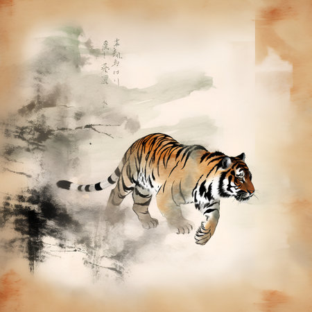 Watercolor tiger on grunge background. Hand-drawn illustration.の素材