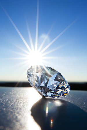 Diamond on a blue background with sun rays. 3d rendering.の素材