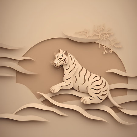 Paper art of tiger lying on the beach. Papercut style.の素材