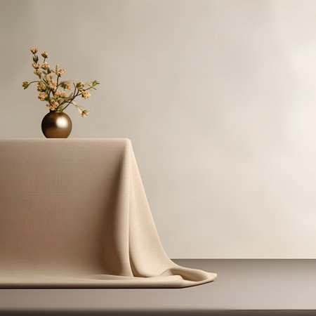 Empty table with linen tablecloth and vase with flowers on itの素材