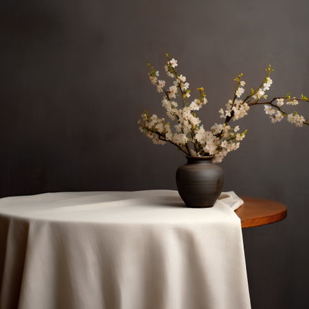 Vase with cherry blossoms on the table against the dark wallの素材