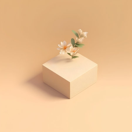 3d render of a gift box with flowers on a beige backgroundの素材