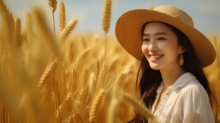 Beautiful asian woman wearing hat in wheat field at summer.の素材