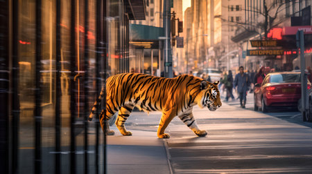 A tiger walks along the streets of Manhattan.の素材