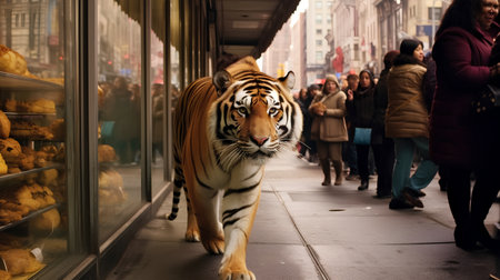 A tiger walks through the streets of London.の素材