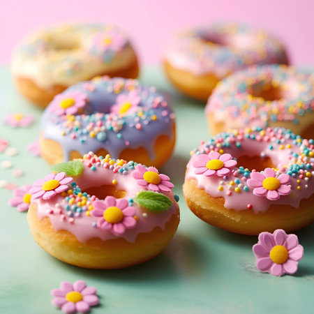 Delicious glazed donuts with sprinkles on a green backgroundの素材