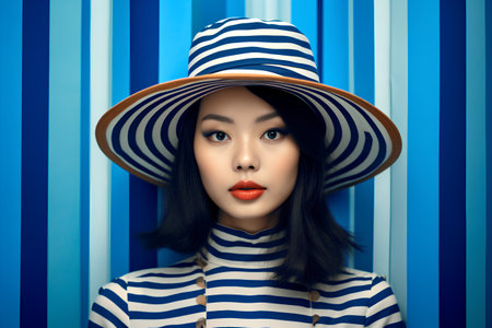 Portrait of a beautiful asian woman in hat on blue striped backgroundの素材