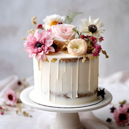 Beautiful cake with flowers on a light background. tinting. selective focusの素材