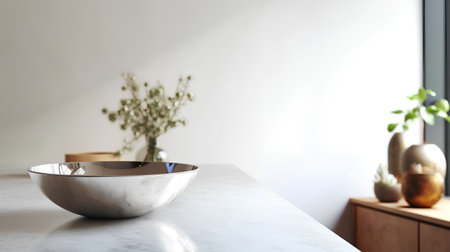 Close up of a modern kitchen interior with white marble countertops and a round sink. 3d rendering mock upの素材