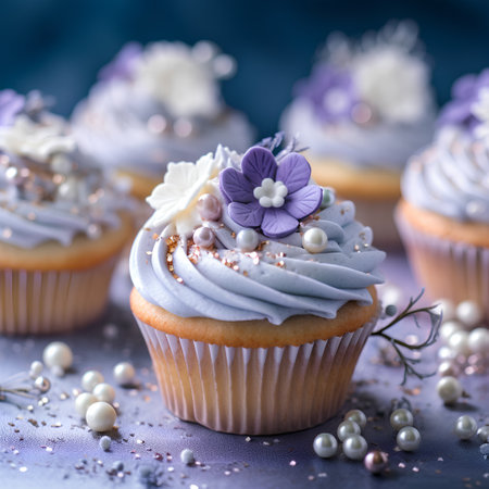 Cupcakes decorated with violet flowers and cream on a blue backgroundの素材
