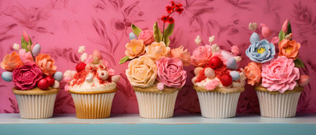 Cupcakes decorated with flowers on pink background. Birthday cupcakesの素材