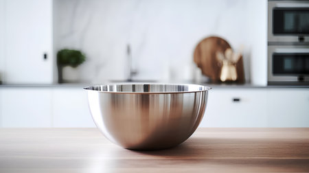 Stainless steel bowl on a wooden table in a modern kitchenの素材