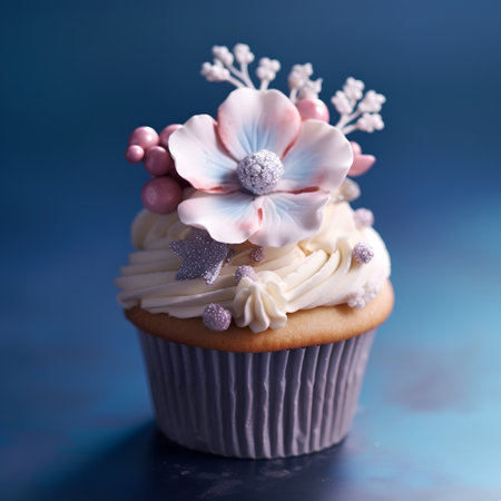 Cupcake with buttercream frosting and flowers on blue backgroundの素材