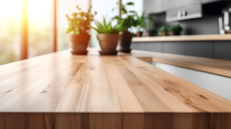 Wooden table in modern kitchen. Blurred background. 3d renderingの素材