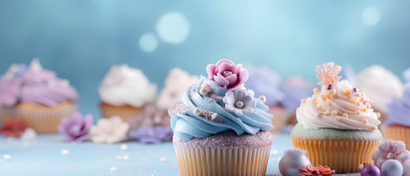 Cupcakes with buttercream frosting and flowers on blue backgroundの素材
