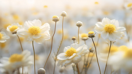White cosmos flower blooming in the meadow with soft focus backgroundの素材