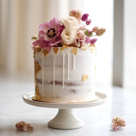 Wedding cake decorated with flowers and buttercream on a standの素材