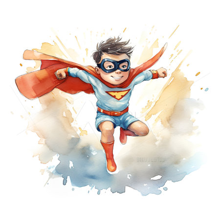 Watercolor illustration of a superhero boy flying in the sky, isolated on white backgroundの素材