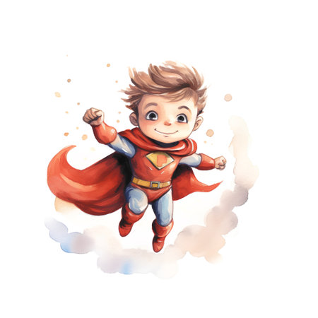 Superhero kid. Watercolor hand drawn illustration isolated on white backgroundの素材