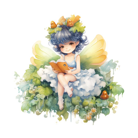 Cute watercolor fairy sitting on the grass and reading a book.の素材