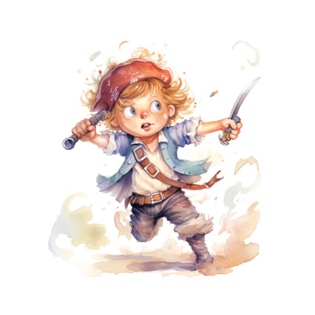 Cute little boy in pirate costume with sword. Watercolor illustrationの素材