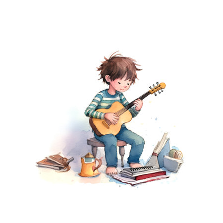 Little boy playing guitar. Watercolor hand drawn illustration on white backgroundの素材