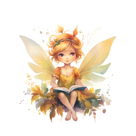 Cute watercolor fairy with book. Hand drawn vector illustration.の素材