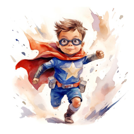 Superhero kid. Watercolor illustration. Isolated on white backgroundの素材