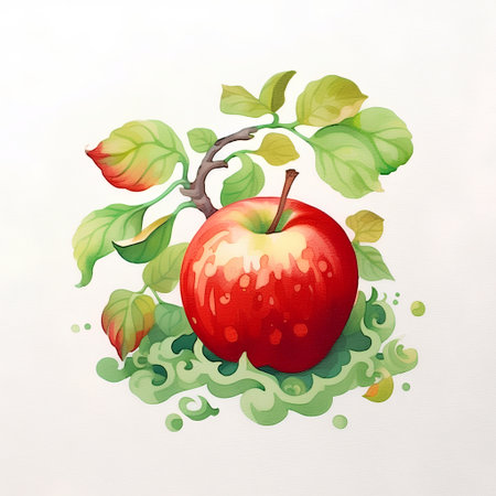 Illustration of apple on a white background with watercolor splashesの素材