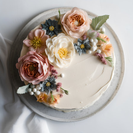 Cake with flowers on a white background. Flat lay, top view.の素材