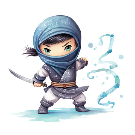 Kung fu girl with sword and question mark. Watercolor illustrationの素材