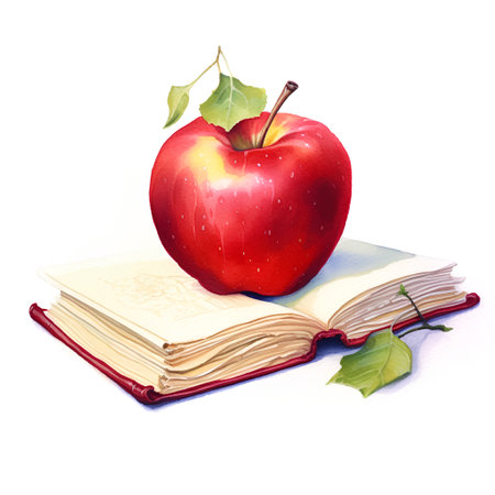 Watercolor illustration of a book and a red apple on white backgroundの素材